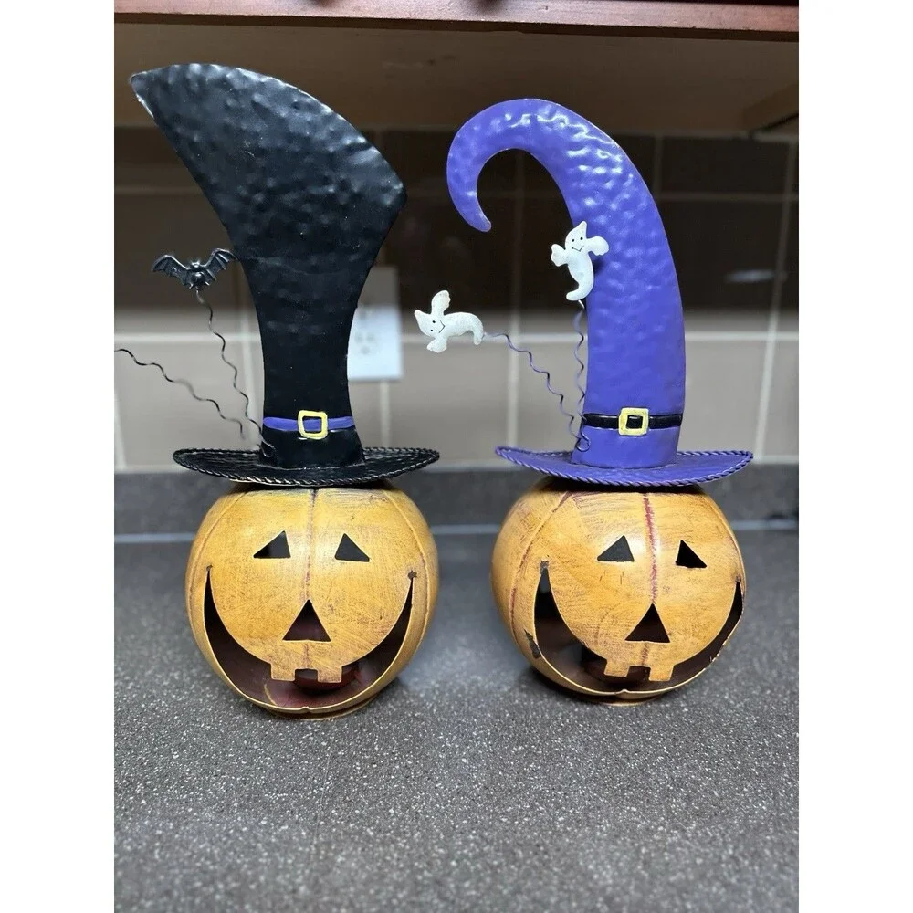 Set of 2 Halloween Metal Pumpkin Lanterns – Witch Hats w/ Bat & Ghosts 15”